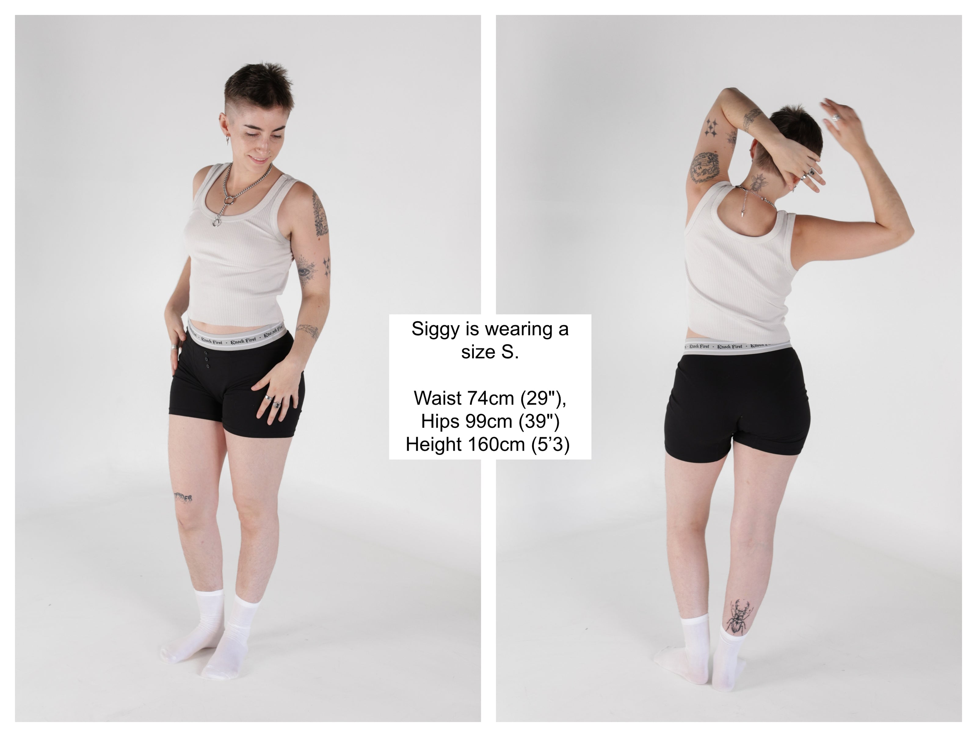 Knock Thrice Knoxers // black cotton, fitted, unisex boxer briefs. The boxers are mid-high rise,  and have a grey spandex waistband that reads 