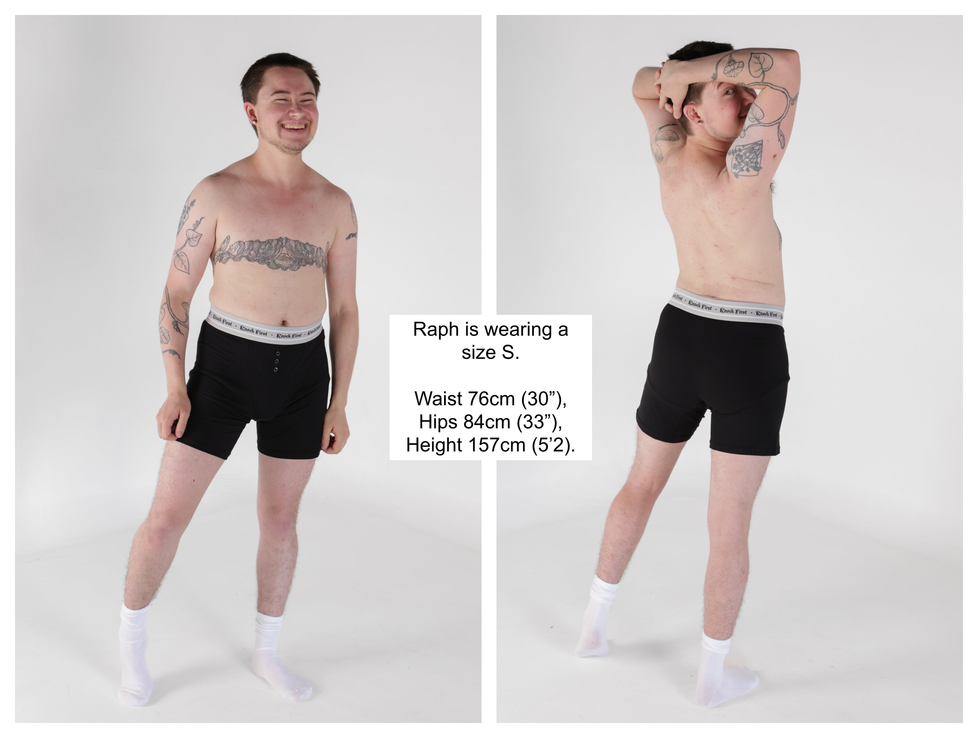 Knock Thrice Knoxers // black cotton, fitted, unisex boxer briefs. The boxers are mid-high rise,  and have a grey spandex waistband that reads 