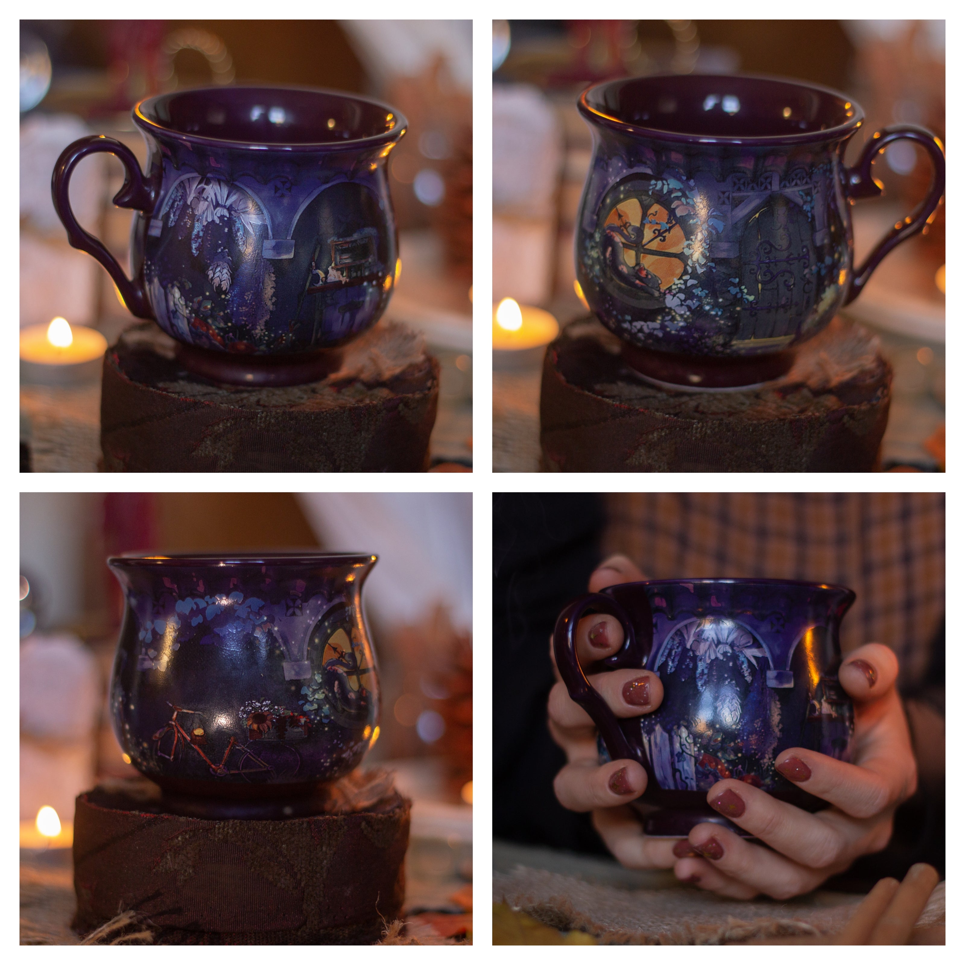 Two intricately designed witches cottage ceramic mugs, featuring vibrant seasonal and whimsical artwork. The top mug showcases an autumnal theme with pumpkins and fall foliage, while the bottom mug highlights an autumnal evening scene with a full moon, a prowling cat, and dark, enchanting colors.