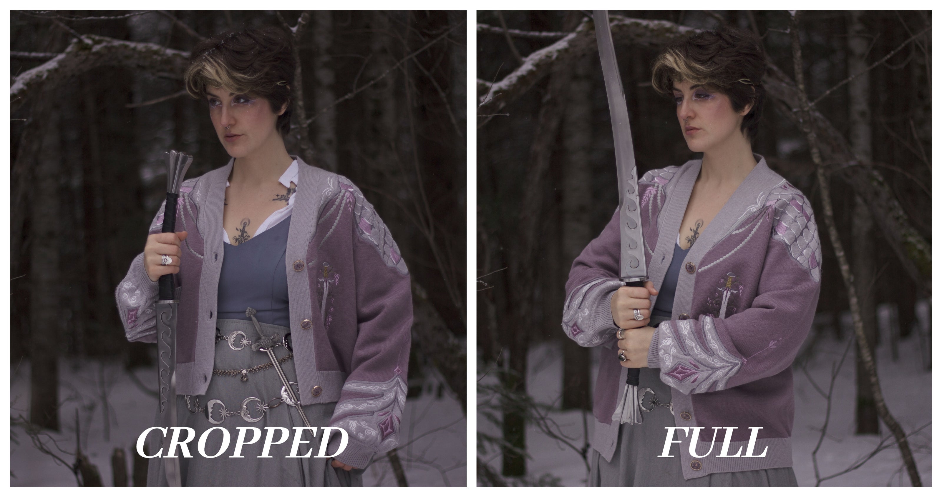 A soft button-up lavender and light plum knit cardigan shown in two styles: cropped and full-length. The design features intricate embroidery of swords and silver armour accents, evoking a medieval and fantasy-inspired look.