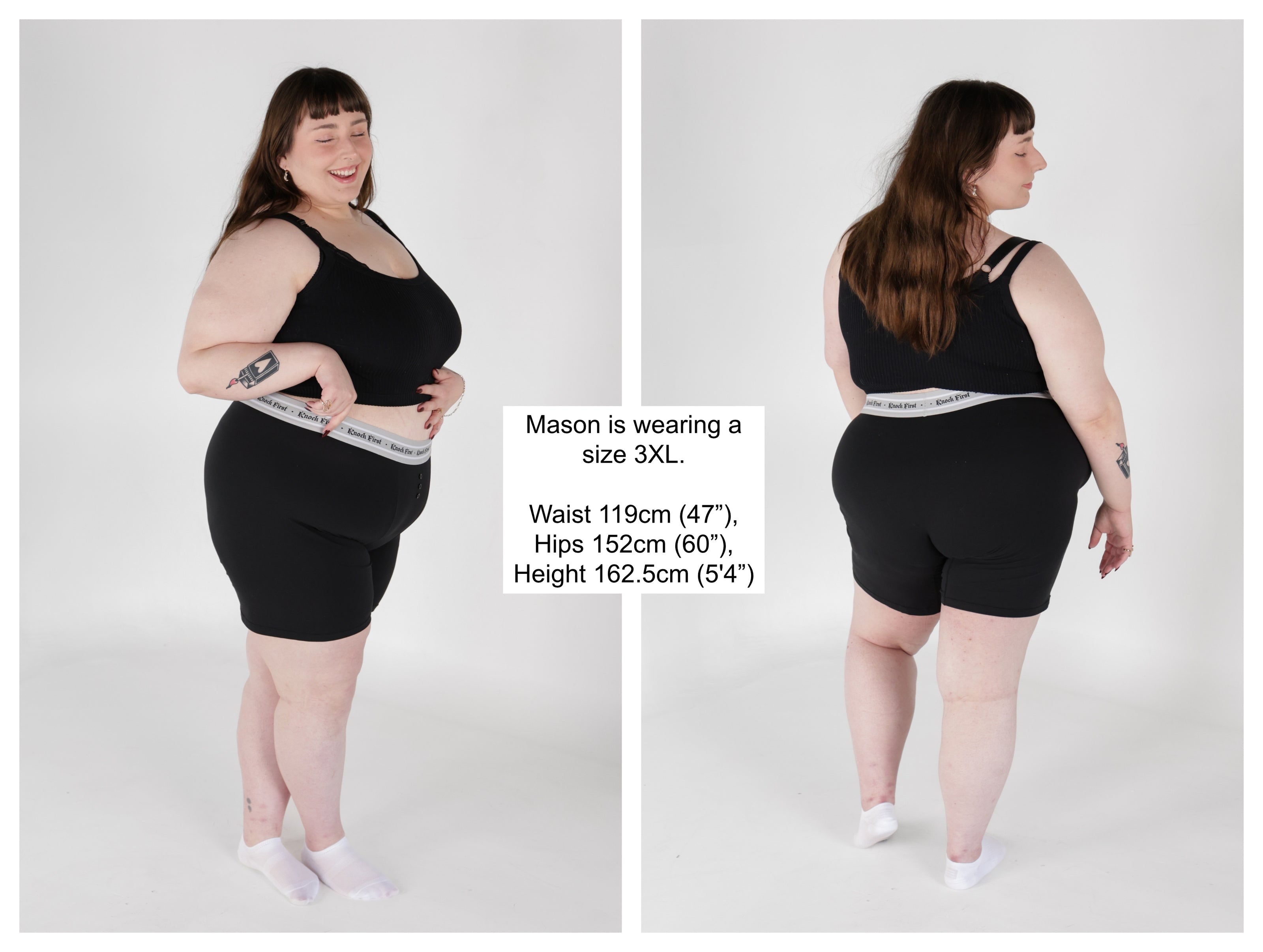 Knock Thrice Knoxers // black cotton, fitted, unisex boxer briefs. The boxers are mid-high rise,  and have a grey spandex waistband that reads 