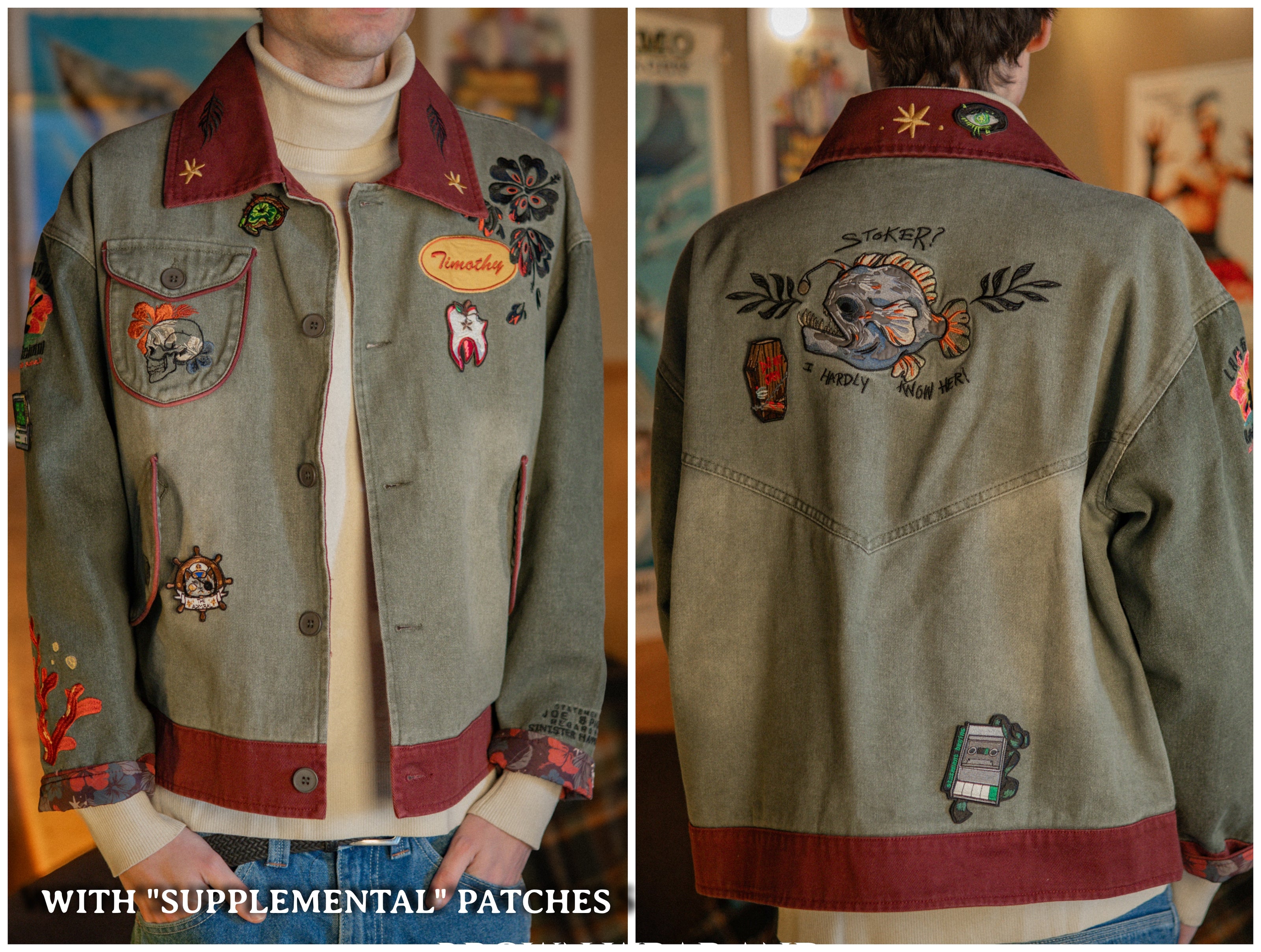 Knock Thrice x Rusty Quill, black fall/spring button-up cotton jacket. The jacket features both embroidered and patchwork OIAR themed elements, in red, and green.