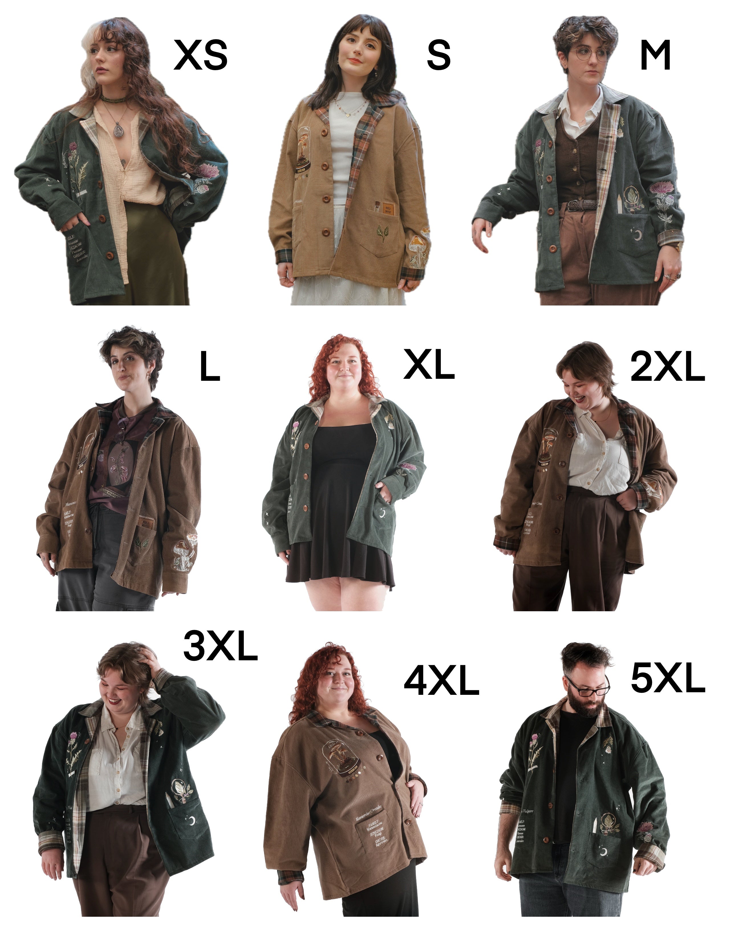 Light brown corduroy  button up, Fall/spring jacket adorned with botanical and mycological illustrations, including mushrooms in a jar, latin nomenclature, and hand-drawn motifs. The jacket features green and red plaid accents on the collar and cuffs, along with functional pockets embroidered with nature-inspired designs.