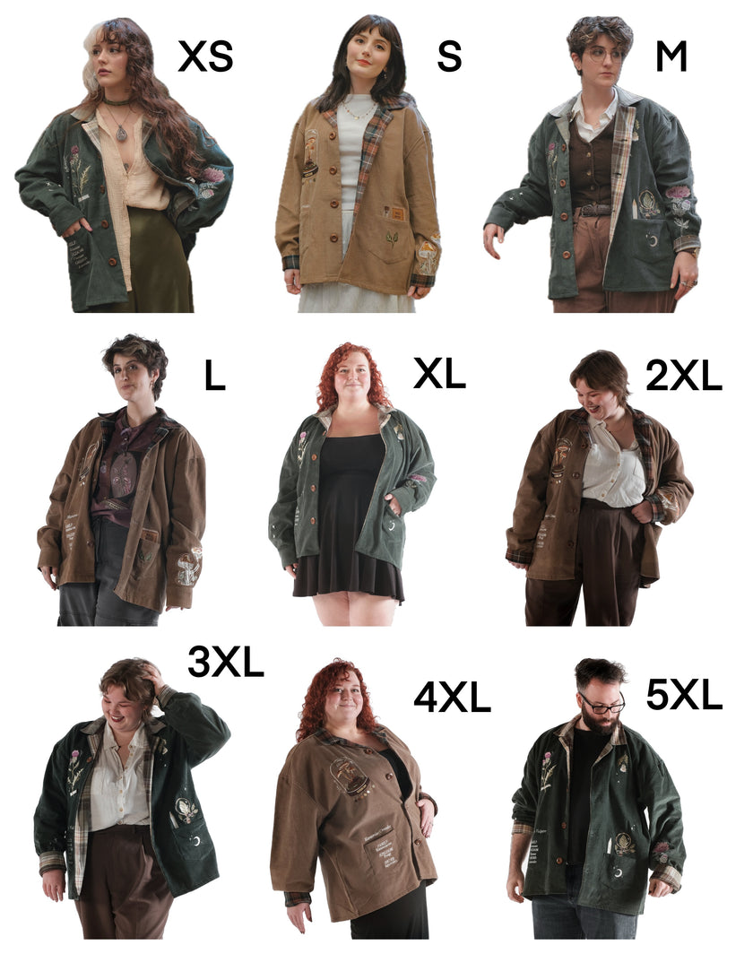 Light brown corduroy  button up, Fall/spring jacket adorned with botanical and mycological illustrations, including mushrooms in a jar, latin nomenclature, and hand-drawn motifs. The jacket features green and red plaid accents on the collar and cuffs, along with functional pockets embroidered with nature-inspired designs.