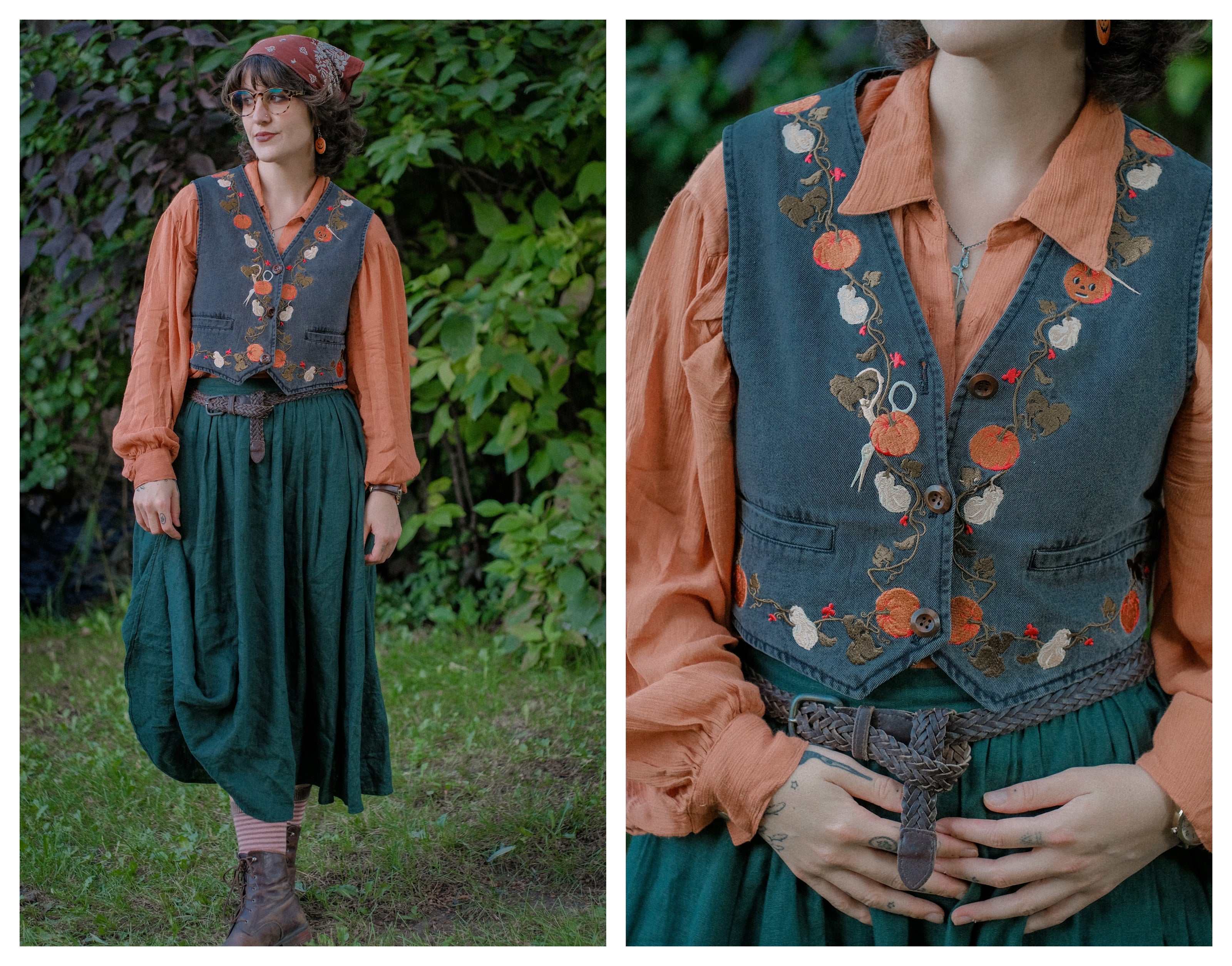 Cropped, vintage-style denim vest in a deep charcoal color, adorned with detailed embroidery of pumpkins, leaves, and vines in autumnal hues. The vest features a V-neckline, button closures, two front pockets, and intricate stitched details creating a rustic and whimsical aesthetic. 
