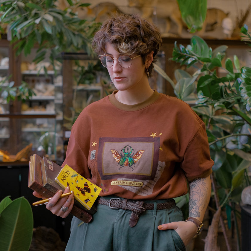 A rusty, vintage orange cotton T-shirt featuring an embroidered stag-horn beetle design framed with vintage-style details, handwritten notes, celestial accents, and latin nomenclature.