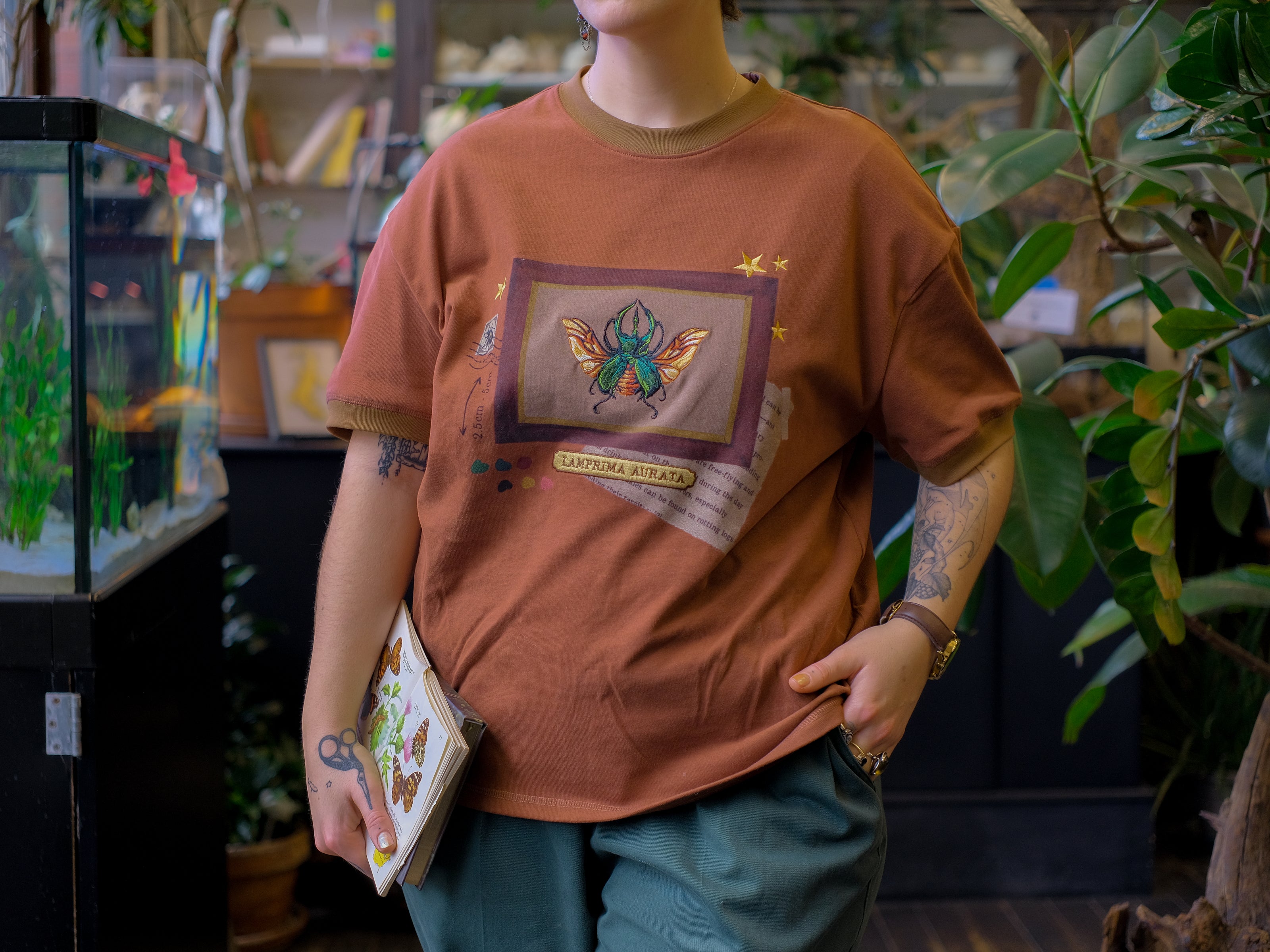 A rusty, vintage orange cotton T-shirt featuring an embroidered stag-horn beetle design framed with vintage-style details, handwritten notes, celestial accents, and latin nomenclature.