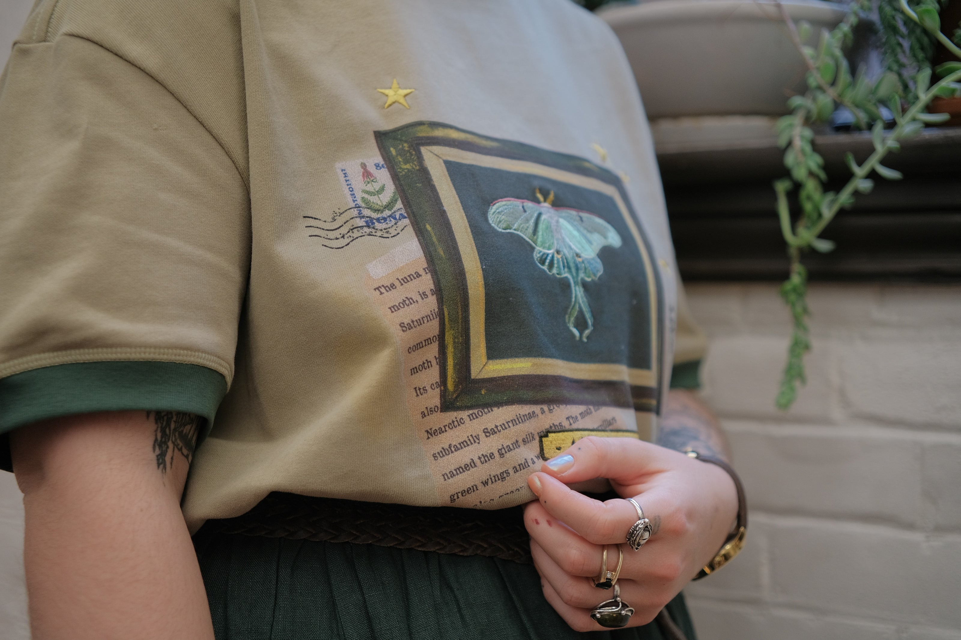 A light sea-foam green cotton T-shirt featuring an embroidered Luna moth design framed with vintage-style details, handwritten notes, celestial accents, and latin nomenclature.