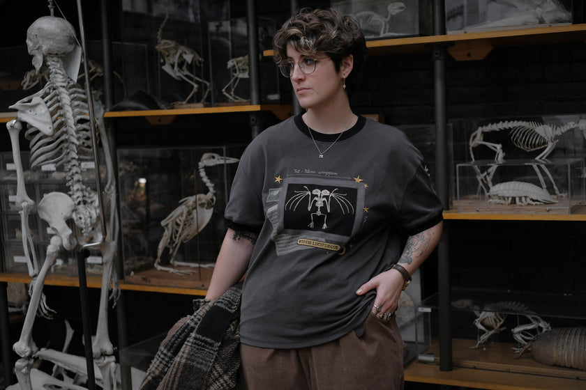 Charcoal gray cotton T-shirt featuring an embroidered skeletal illustration of Myotis lucifugus (a little brown bat) framed within a vintage-style display. The design includes handwritten text noting bat wingspan, golden star and moon accents, and a collage of vintage-inspired elements.