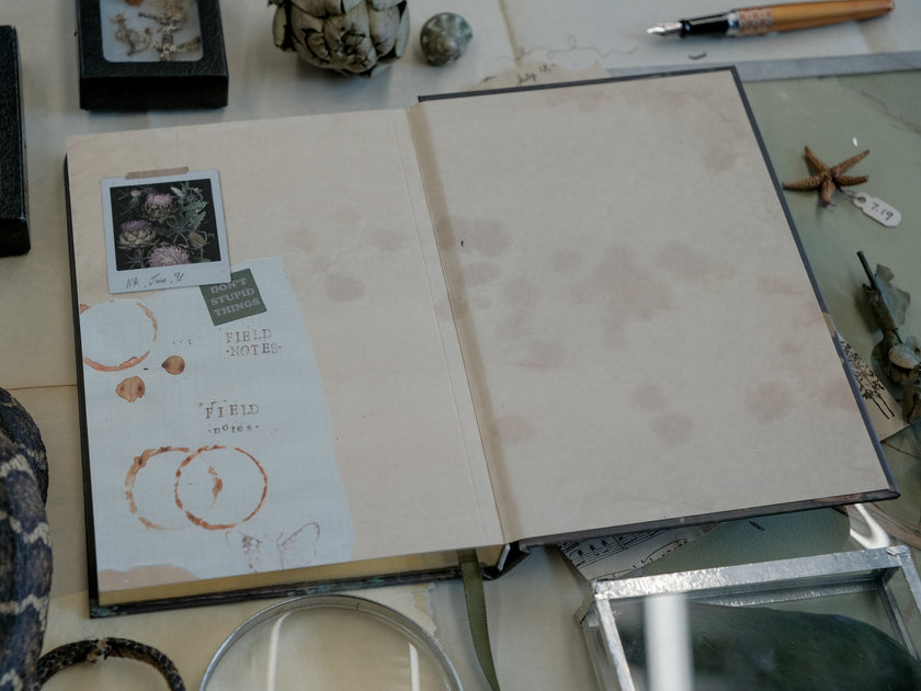 A vintage-style green notebook titled 