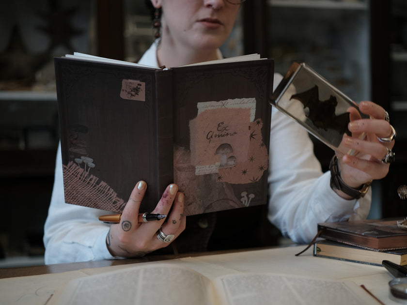 A dark mauve notebook with copper gilded edges, a satin reading ribbon and vintage design, titled 