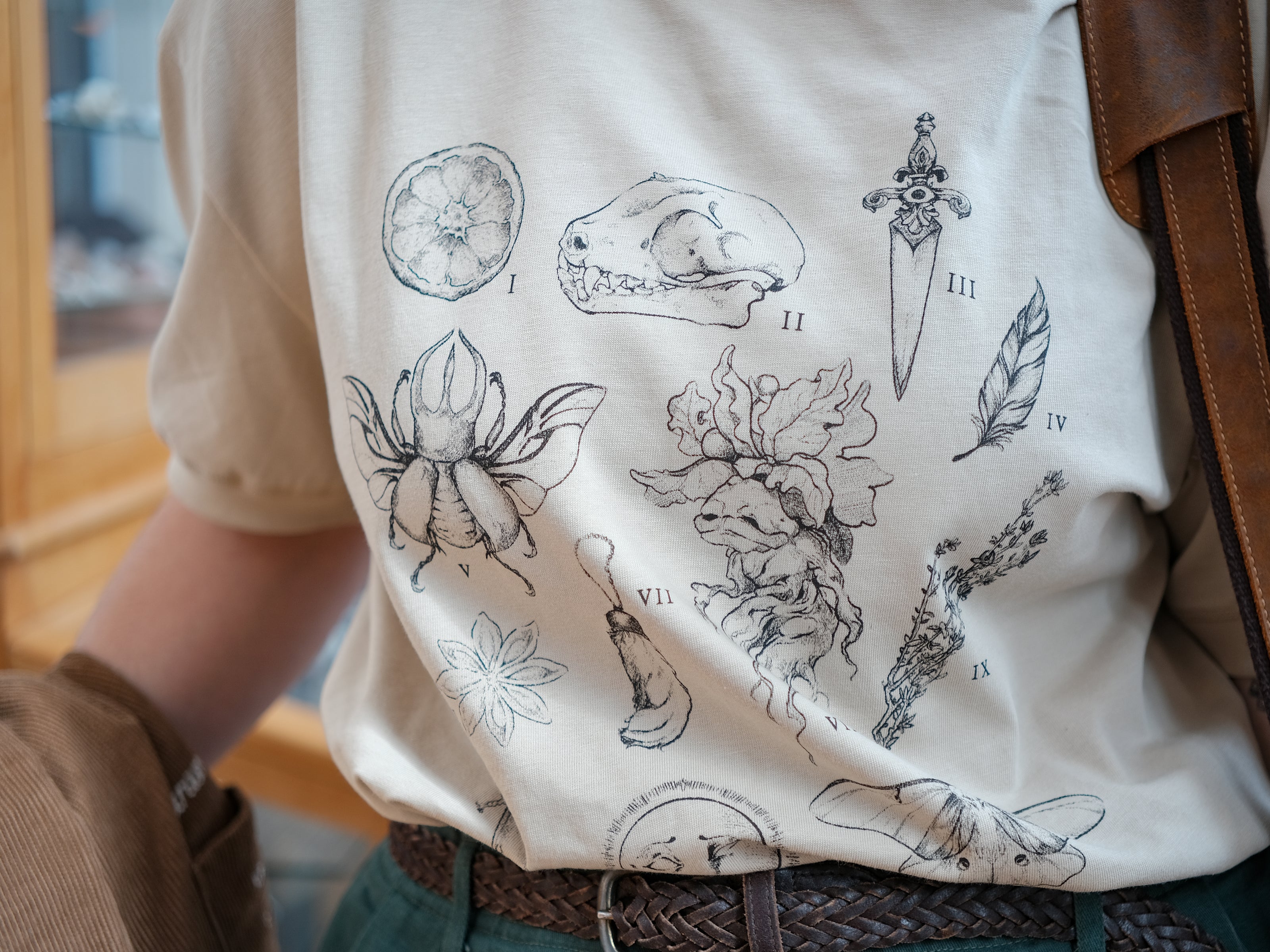 A light cream cotton T-shirt featuring black and gray vintage style sketches of specimens, including a rabbit foot, mandrake root, bat skull Luna moth, feather, stag-horn beetle, vial with a human tooth, star anise, thyme, and an orange slice.