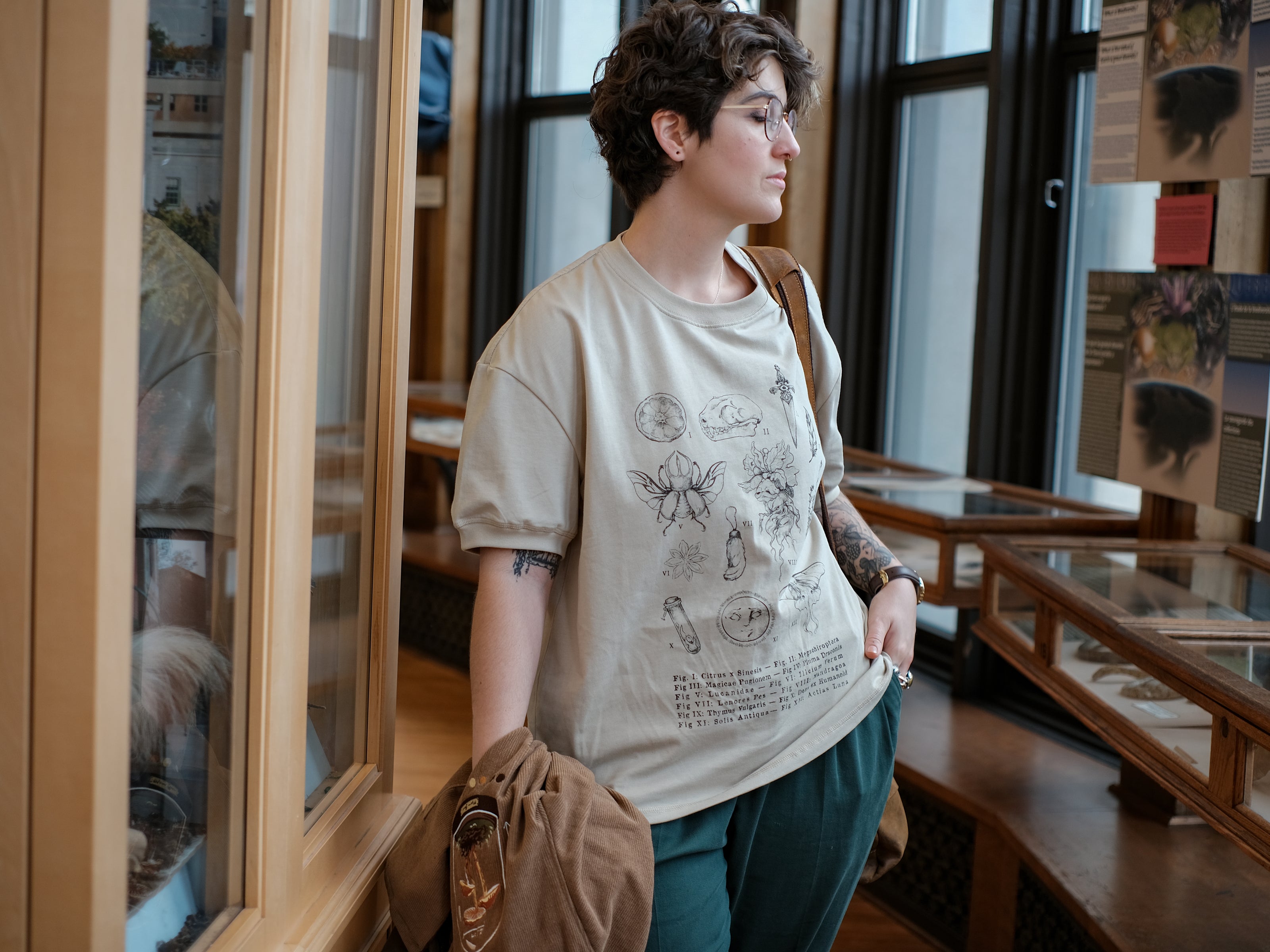 A light cream cotton T-shirt featuring black and gray vintage style sketches of specimens, including a rabbit foot, mandrake root, bat skull Luna moth, feather, stag-horn beetle, vial with a human tooth, star anise, thyme, and an orange slice.