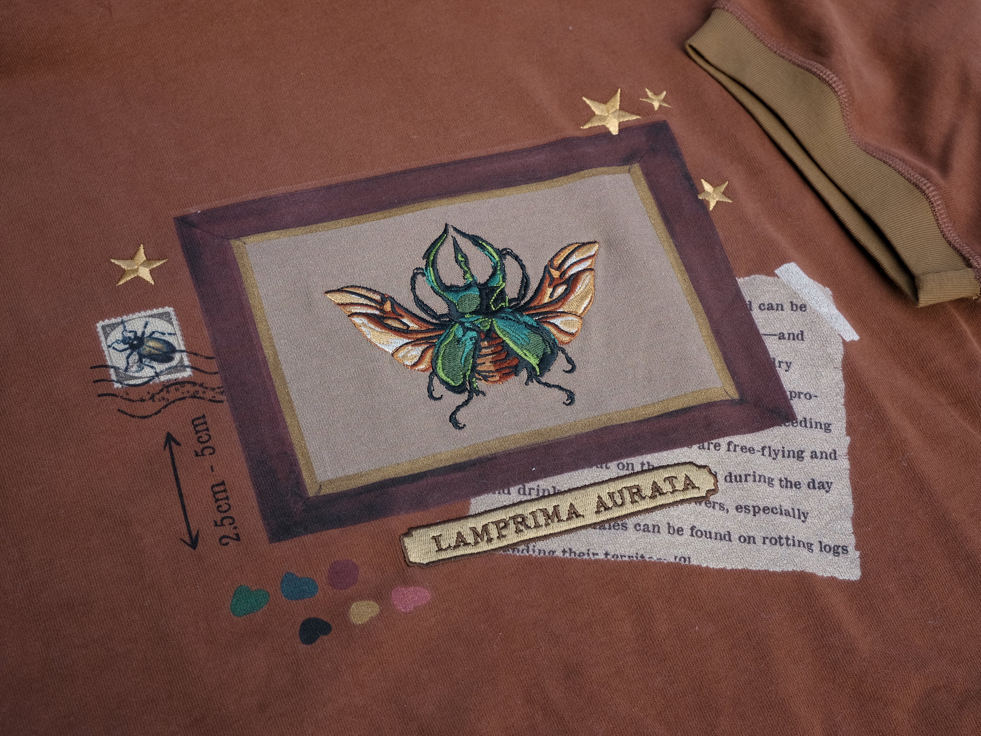 A rusty, vintage orange cotton T-shirt featuring an embroidered stag-horn beetle design framed with vintage-style details, handwritten notes, celestial accents, and latin nomenclature.