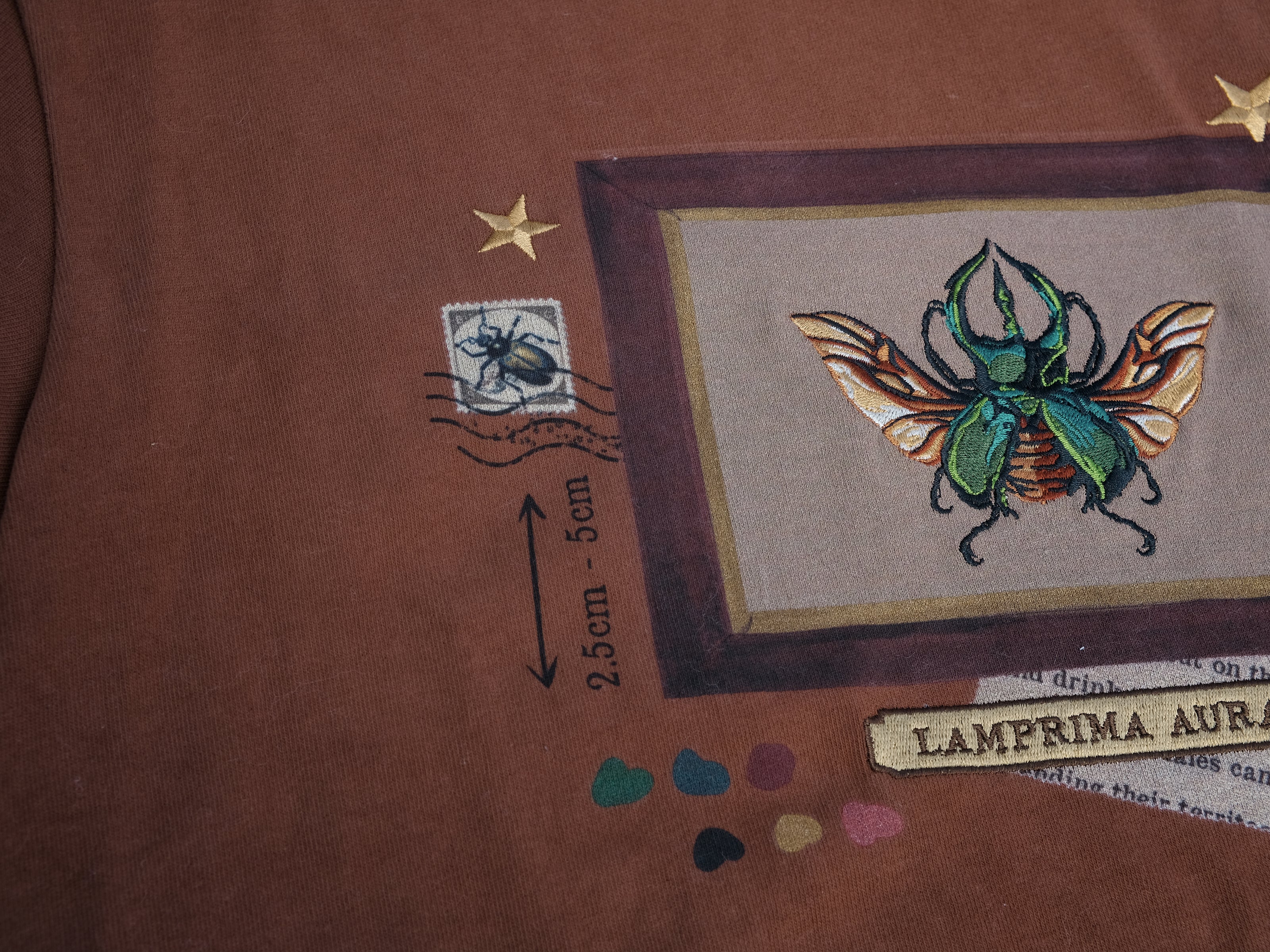 A rusty, vintage orange cotton T-shirt featuring an embroidered stag-horn beetle design framed with vintage-style details, handwritten notes, celestial accents, and latin nomenclature.