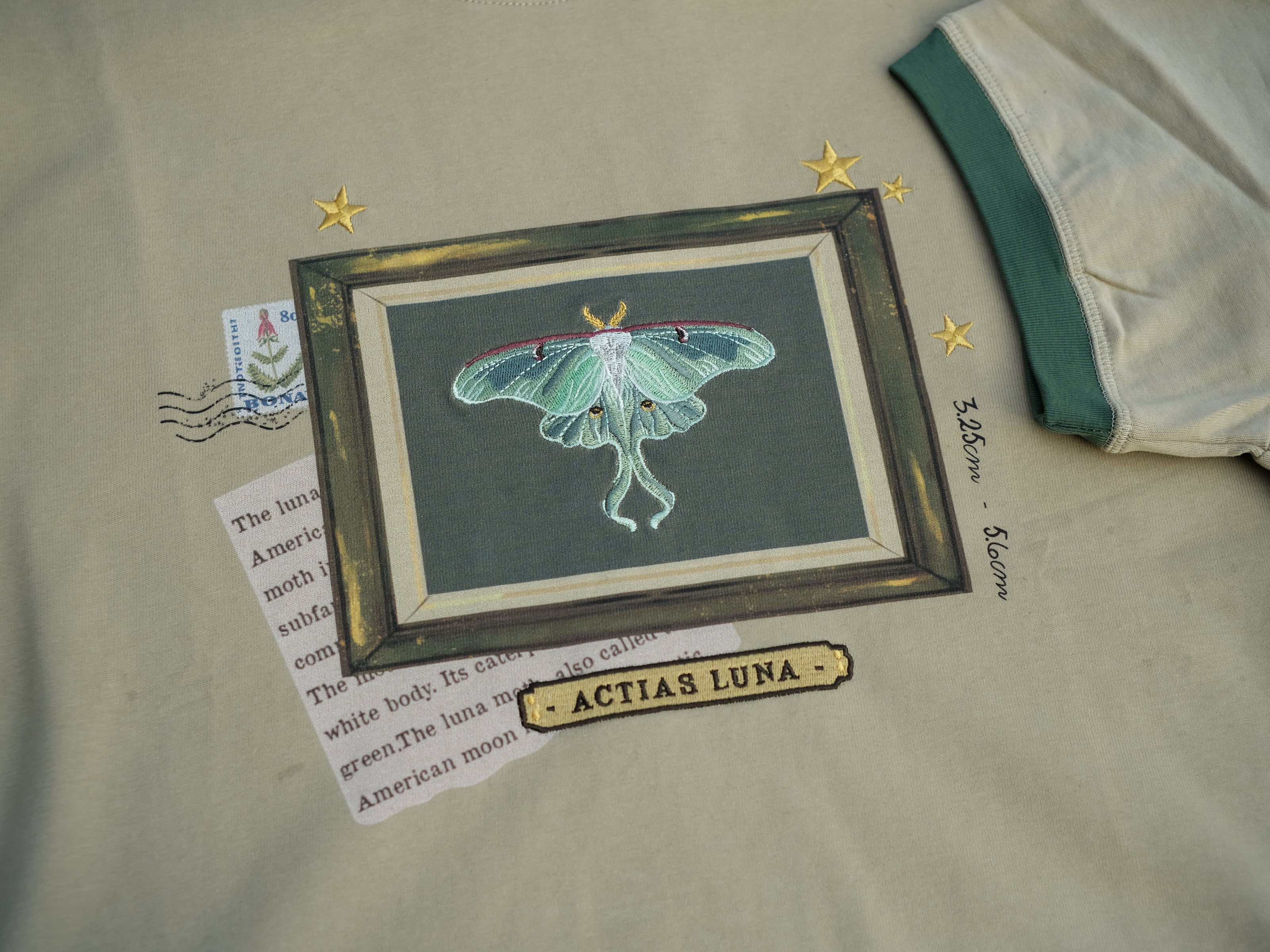 A light sea-foam green cotton T-shirt featuring an embroidered Luna moth design framed with vintage-style details, handwritten notes, celestial accents, and latin nomenclature.
