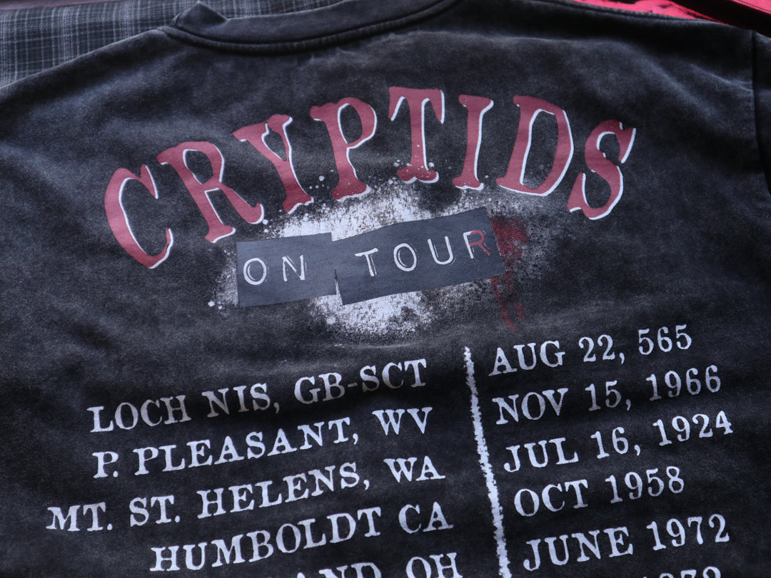Black acid-washed oversized 80's style cotton band t-shirt with a vintage-style graphic depicting cryptids, including Bigfoot and Mothman, along with the bold text 'Cryptids On Tour' in red and white, and a list of shows across various locations and dates on the back.
