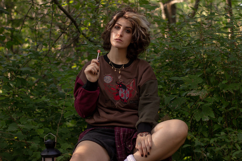 Cozy brown, green, and burgundy cotton crewneck sweatshirt, featuring a vintage, 80â€™s summer camp style embroidered design of the Mothman with cryptid-themed symbols and text.