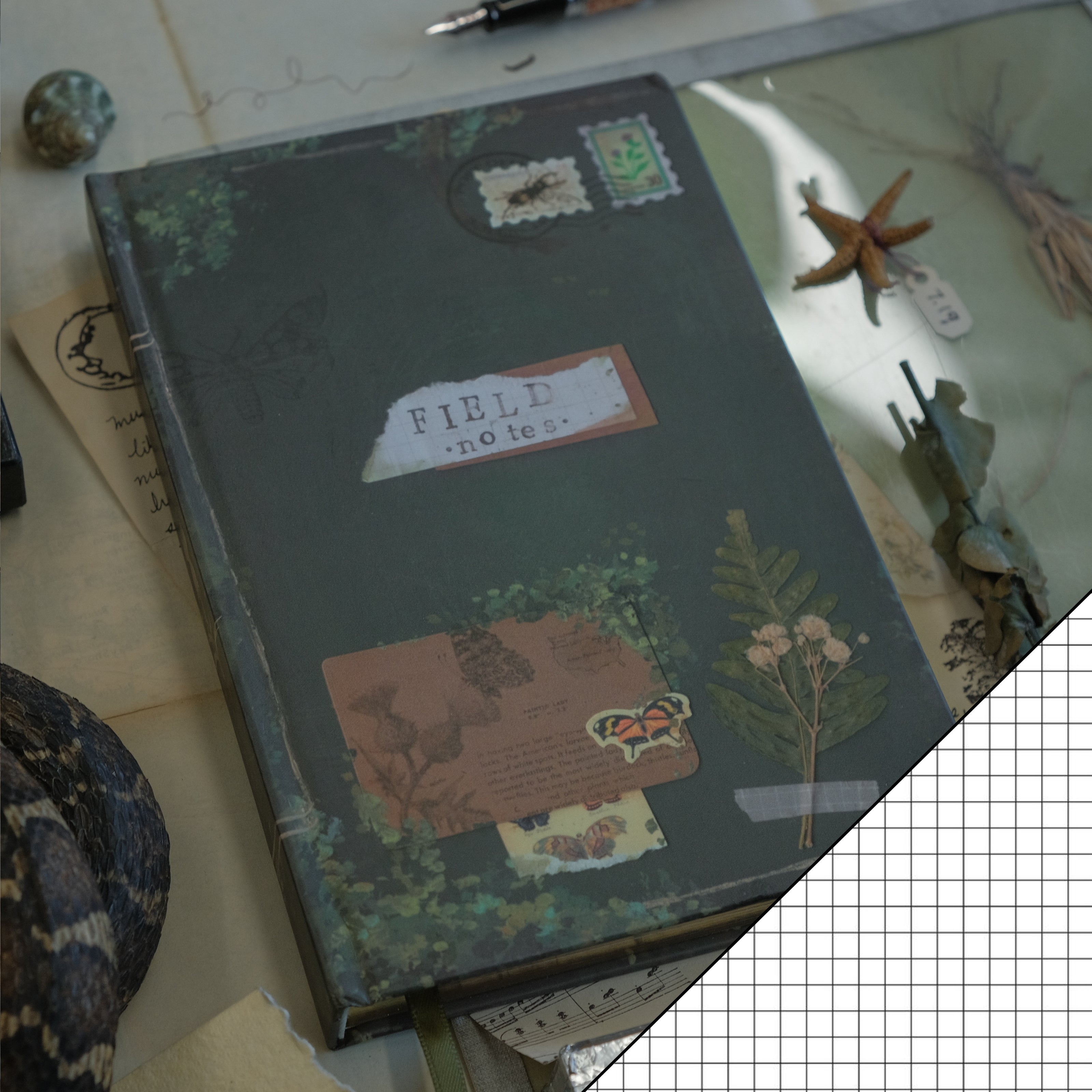 A vintage-style green notebook titled 