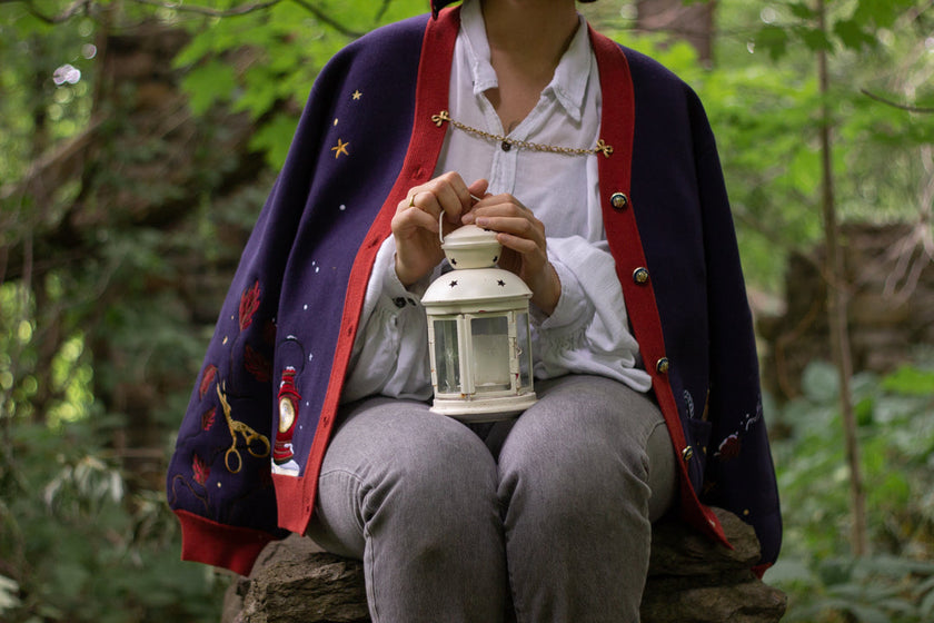 A soft, button-up, oversized, knit cardigan, in shades of navy blue, crimson red, and vintage gold. The cardigan features whimsical embroidered details of autumn leaves, moon and stars, a snowy lantern, and a bluebirds feather.