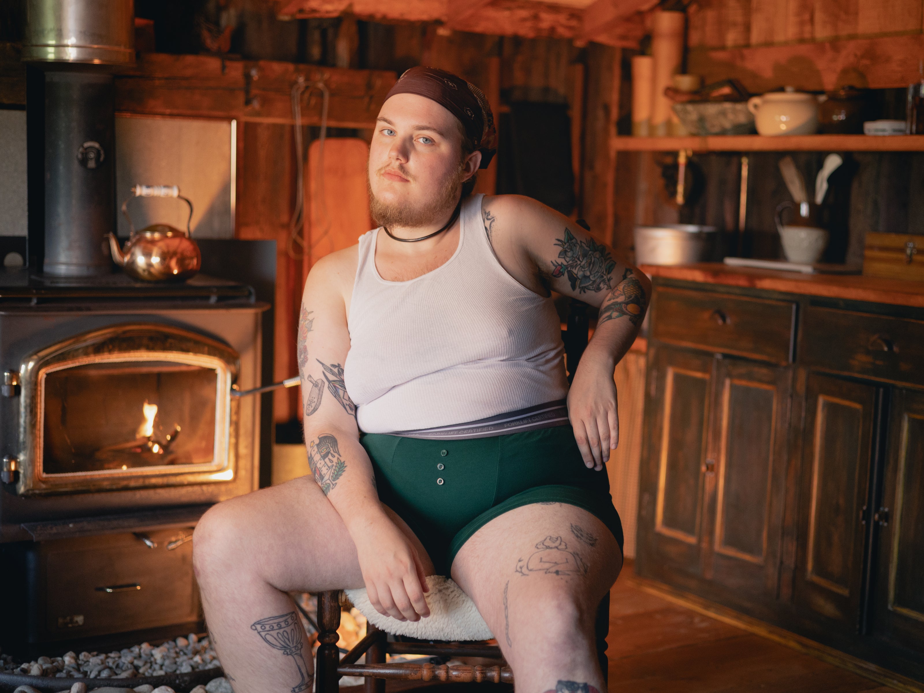 Knock Thrice Knoxers // forest green cotton, fitted boxers. The boxers are mid-high rise,  and have a grey spandex waistband that reads 
