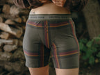 Knock Thrice Knoxers // burgundy, olive green, and mustard yellow plaid, cotton, fitted boxers. The boxers are mid-high rise,  and have a green and grey spandex waistband that reads 