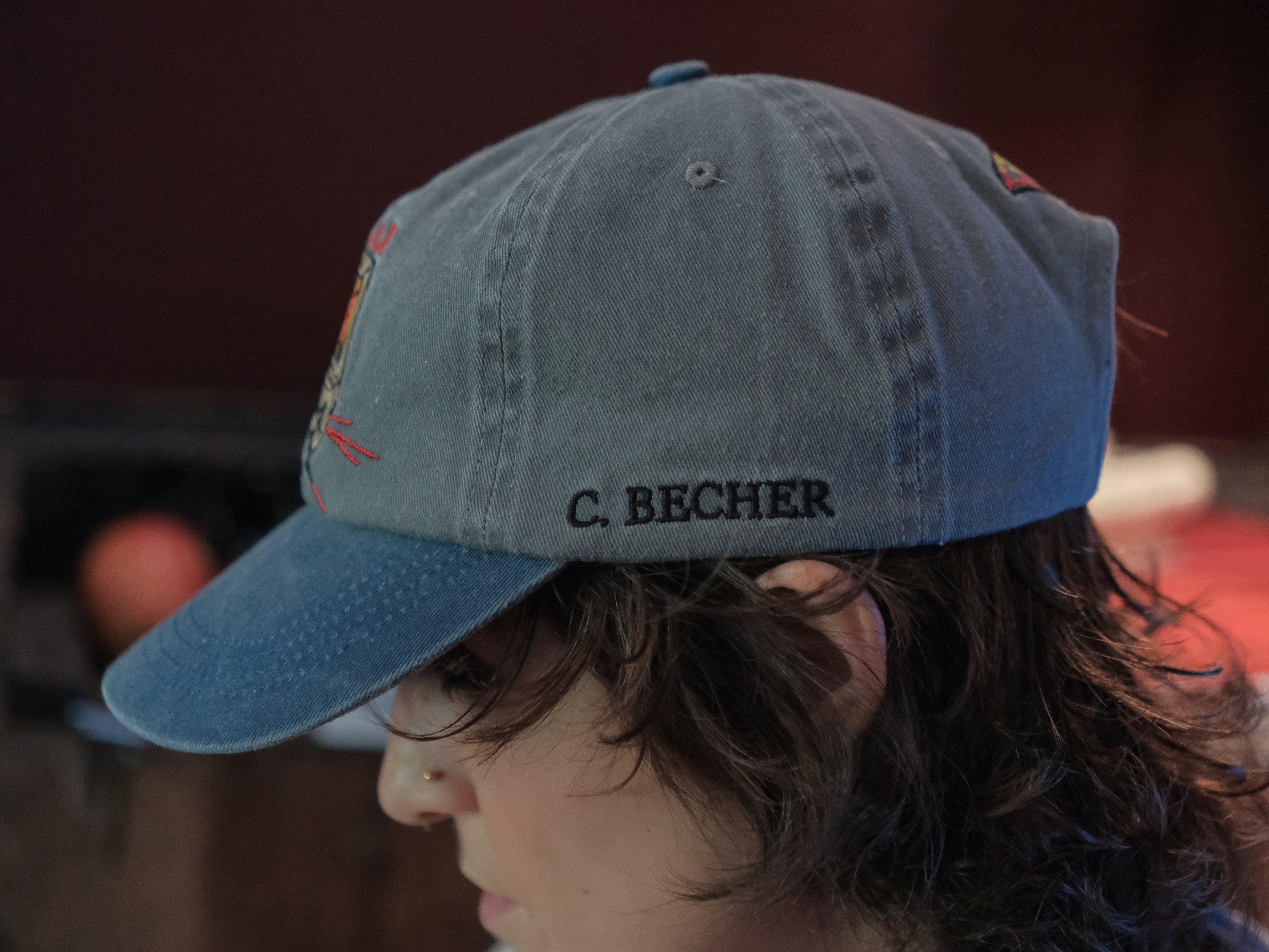 Knock Thrice x Rusty Quill, 100% cotton I.T Department Dad Cap in blue and grey. The hat features an embroidered design of a corrupted computer and glitched OIAR logo, and an adjustable fit.