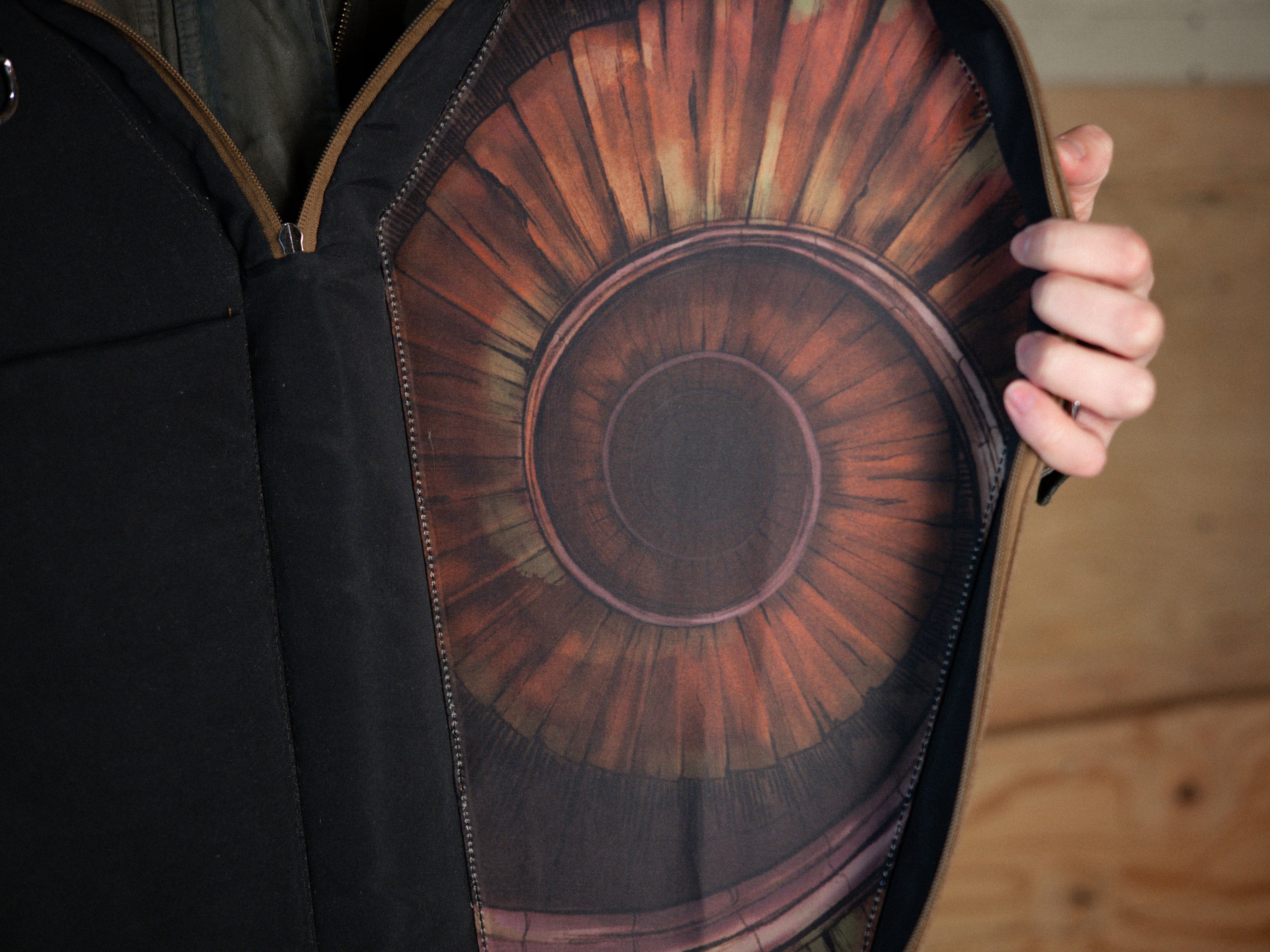 Knock Thrice X Rusty Quill 100% cotton canvas bag with customizable straps allow this bag to be worn as a purse, cross body or backpack. Real metal chains attach to exterior metal rings. Interior is 100% polyester print lining for easy cleaning. 
The bag is 29cm wide, 45cm long and 10cm deep. 