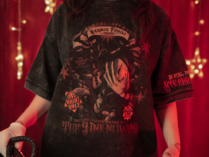 Magnus Archives x Knock Thrice Strange Music T-Shirt in black vintage wash, 100% cotton oversized graphic tee