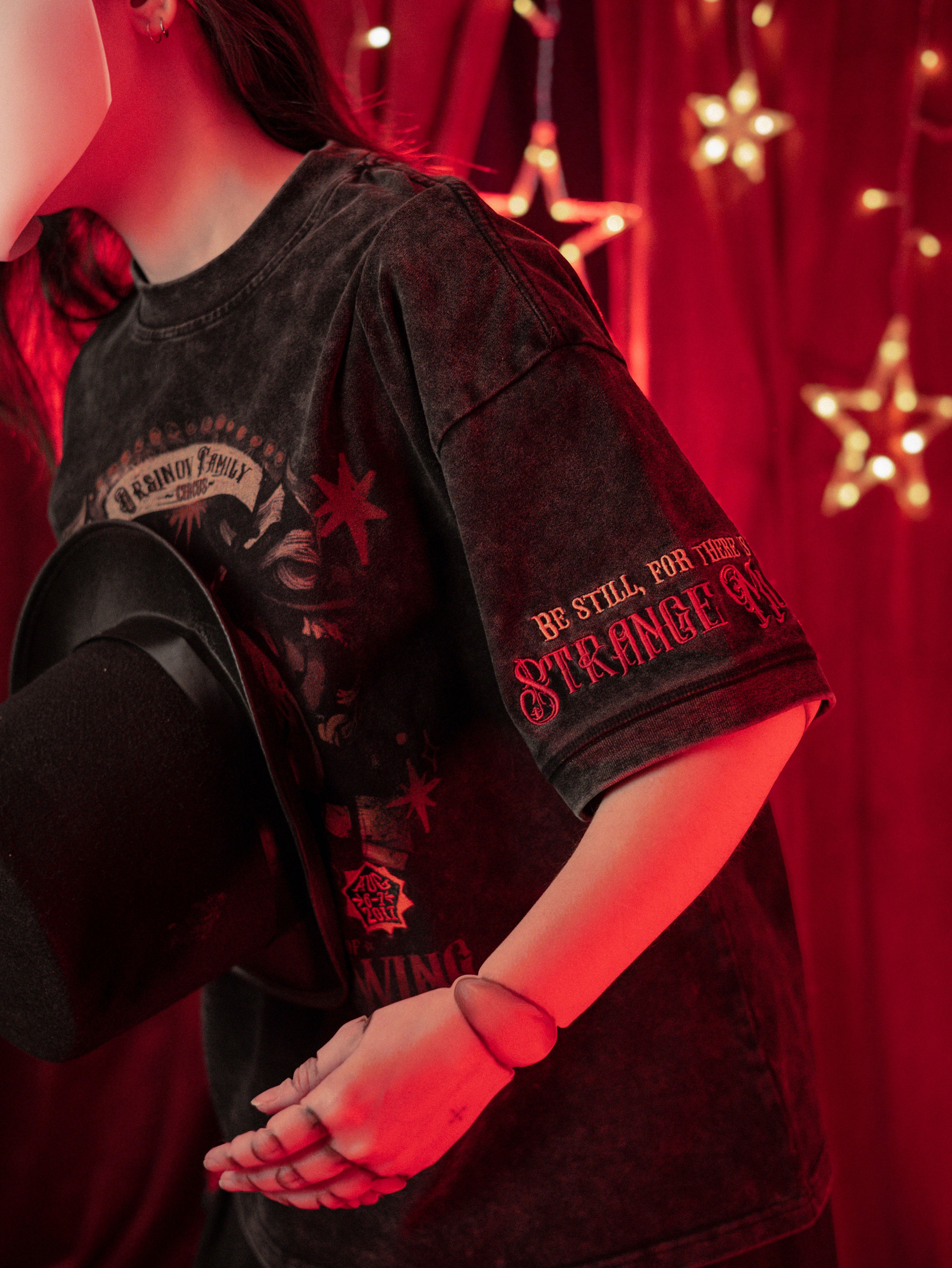 Magnus Archives x Knock Thrice Strange Music T-Shirt in black vintage wash, 100% cotton oversized graphic tee