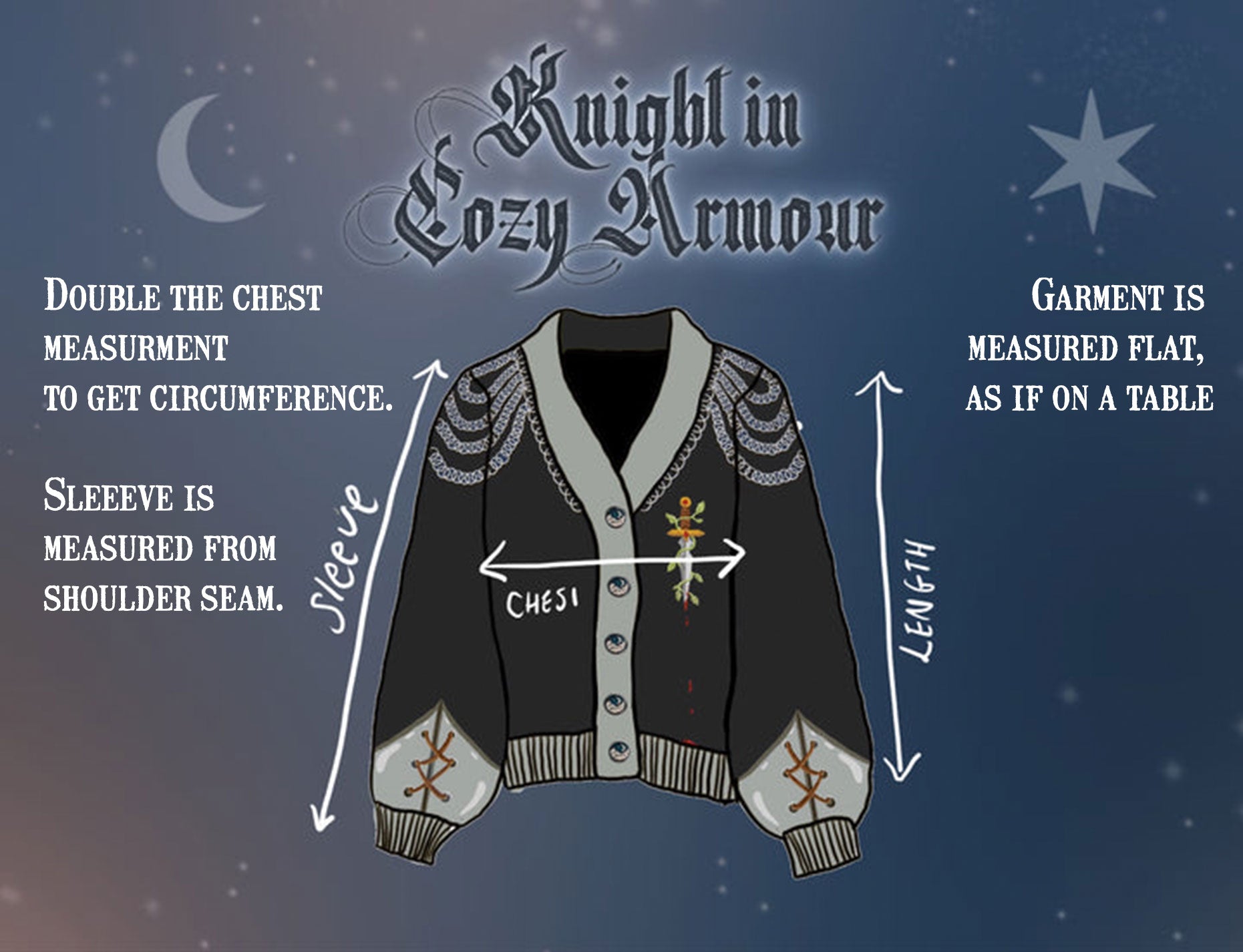 A soft, button-up, sky blue and silver knit cardigan, with black and gold moon buttons. The design features intricate embroidery of a vine wrapped sword, chainmail, and armour. Evoking a whimsical and fantasy-inspired look.