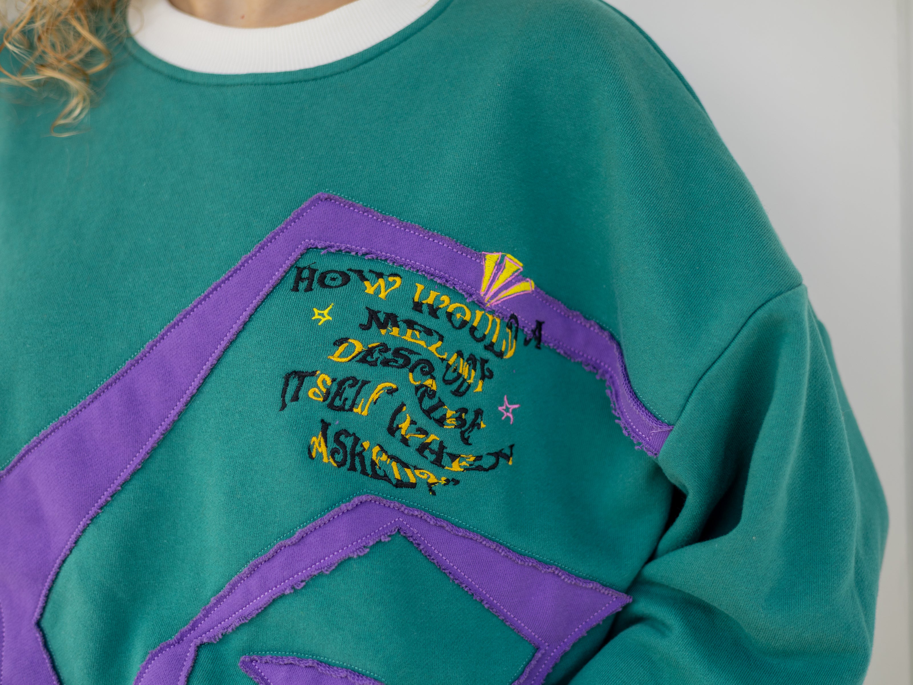 Magnus Archives x Knock Thrice “I’m Not a Who” 100% cotton, graphic crewneck in green and purple, with embroidered details.