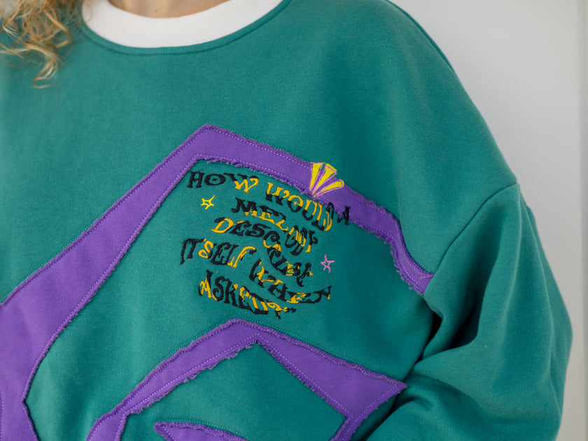 Magnus Archives x Knock Thrice “I’m Not a Who” 100% cotton, graphic crewneck in green and purple, with embroidered details.