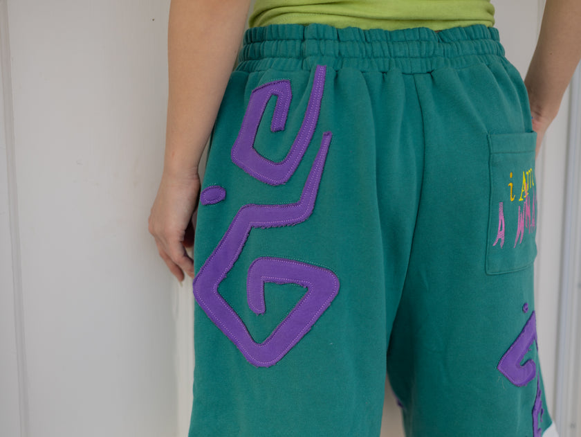 Magnus Archives x Knock Thrice “I’m a What” long shorts in green and purple, 100% cotton graphic shorts with embroidered details