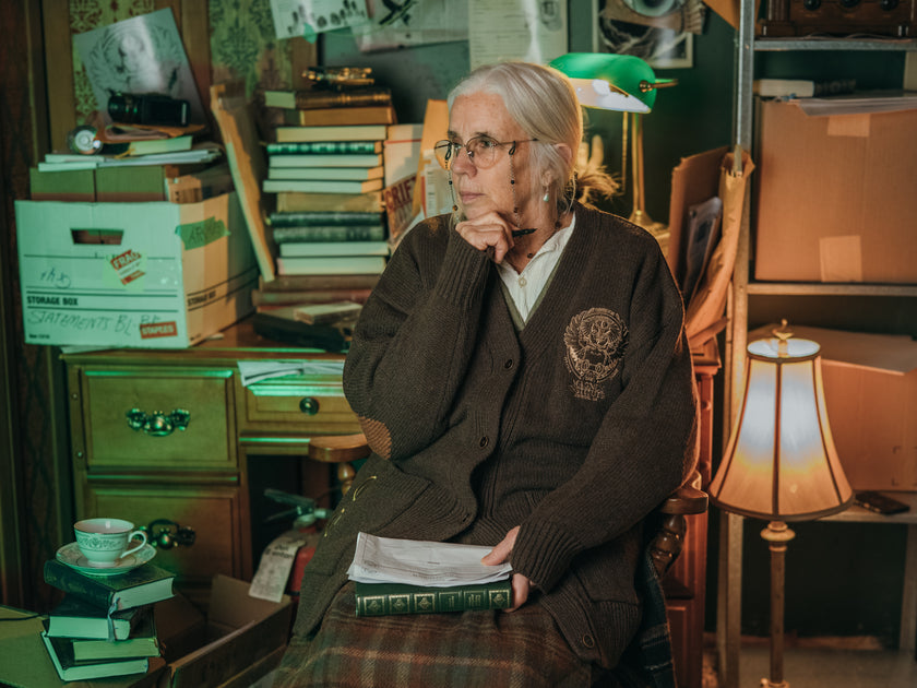 Magnus Archives x Knock Thrice oversized knit cardigan with embroidered details in dark brown. Made of 60% Cotton 30% Nylon 10% Wool.