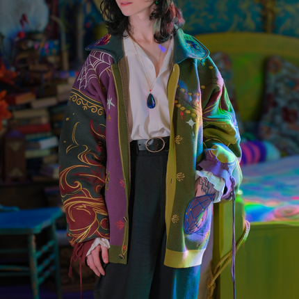Person wearing a colorful, patterned jacket in a room with furniture and decor.