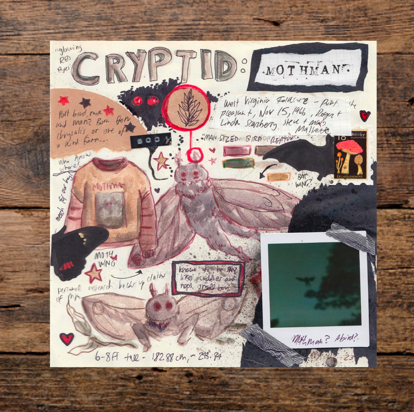 A collection of 4 vibrant, vintage-style cryptid prints and one postcard, featuring hand-drawn artwork, notes, stamps, and photos. The set includes nostalgic summer camp details and cryptid-inspired sketches.