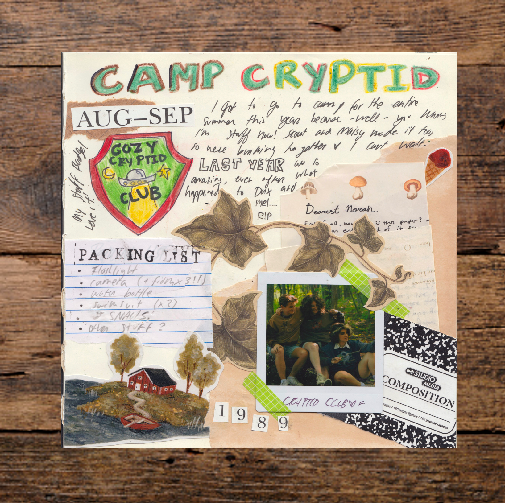 A collection of 4 vibrant, vintage-style cryptid prints and one postcard, featuring hand-drawn artwork, notes, stamps, and photos. The set includes nostalgic summer camp details and cryptid-inspired sketches.
