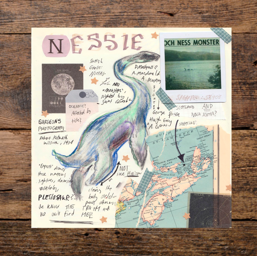 A collection of 4 vibrant, vintage-style cryptid prints and one postcard, featuring hand-drawn artwork, notes, stamps, and photos. The set includes nostalgic summer camp details and cryptid-inspired sketches.