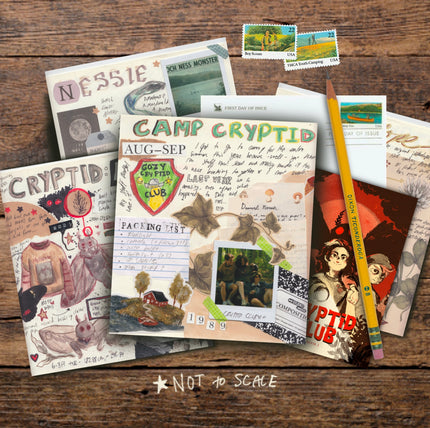 A collection of 4 vibrant, vintage-style cryptid prints and one postcard, featuring hand-drawn artwork, notes, stamps, and photos. The set includes nostalgic summer camp details and cryptid-inspired sketches.