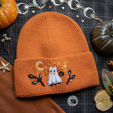 Load image into Gallery viewer, Ghostly Tall Cat // Pumpkin Pie Stretchy Rib Beanie
