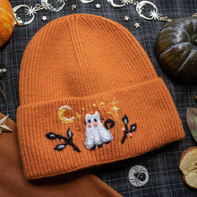 Load image into Gallery viewer, Ghostly Tall Cat // Pumpkin Pie Stretchy Rib Beanie
