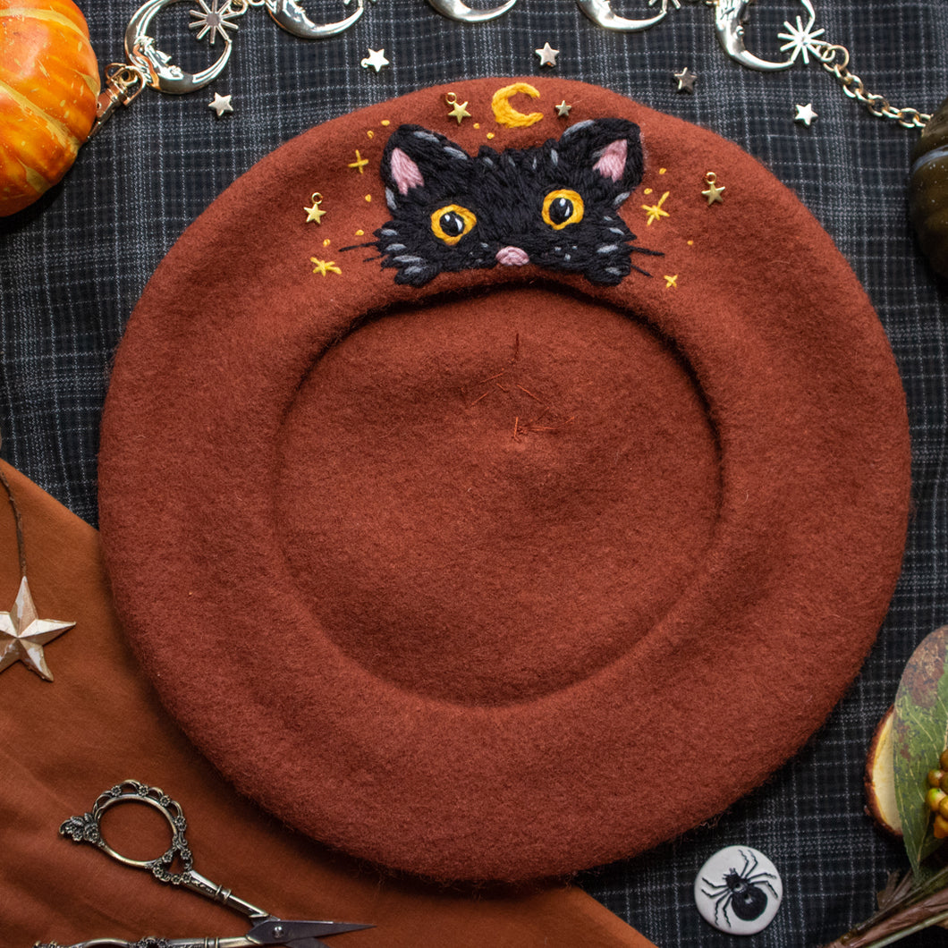 Cozy Critters: Black Cat // Pumpkin Rust Beret
